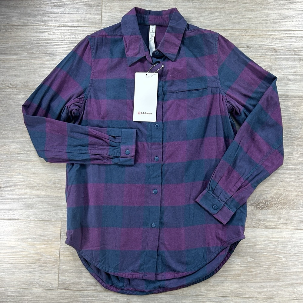 NWT Lululemon Women's Size 4 Full Day Ahead Pink Blue Plaid Flannel Button‎ Up